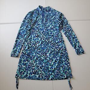 Coolibar Rash Guard Swim Dress Womens XS Blue UPF 50+ Long Sleeve Zip Print